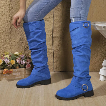 Women's suede side zip knee high winter boots with slouchy shaft - Black