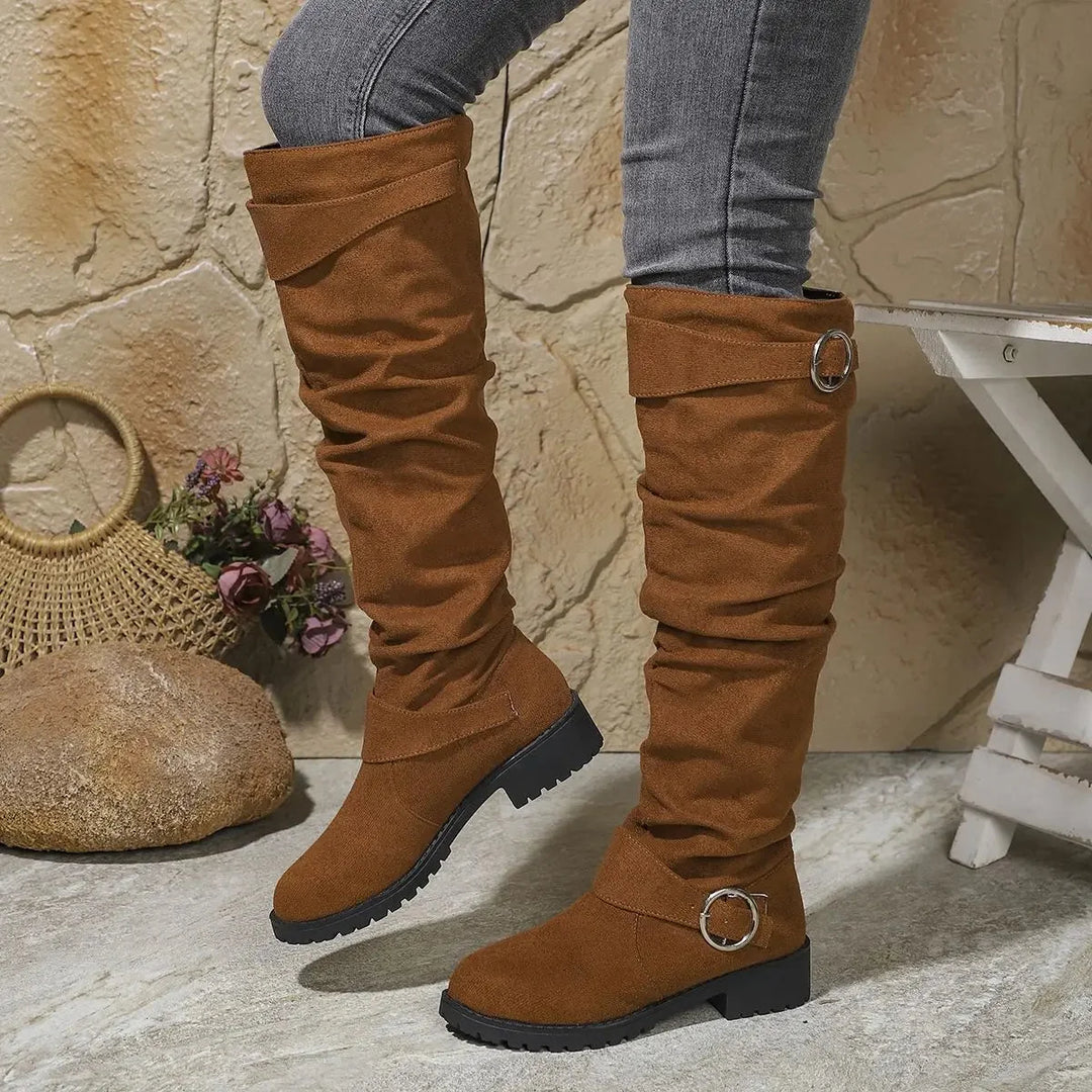 Women's suede side zip knee high winter boots with slouchy shaft - Black