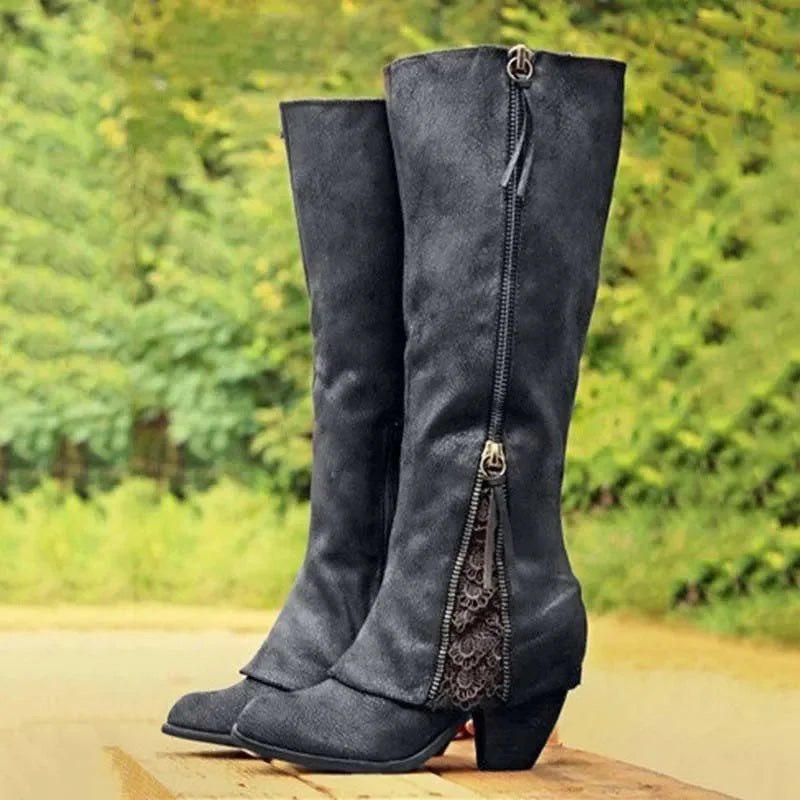 Women's suede side zip knee high winter boots with lace panel - Brown