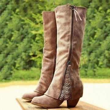 Women's suede side zip knee high winter boots with lace panel - Brown