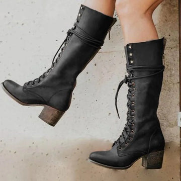 Women's lace-up knee high winter boots with block heel in Black
