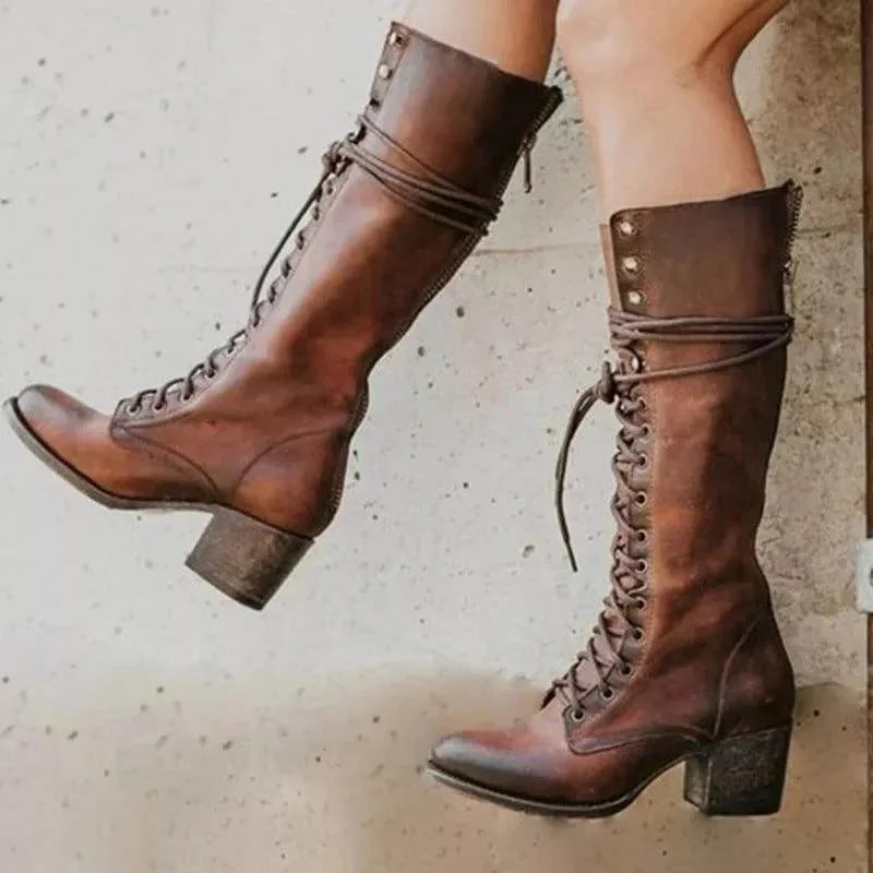 Women's lace-up knee high winter boots with block heel in Brown