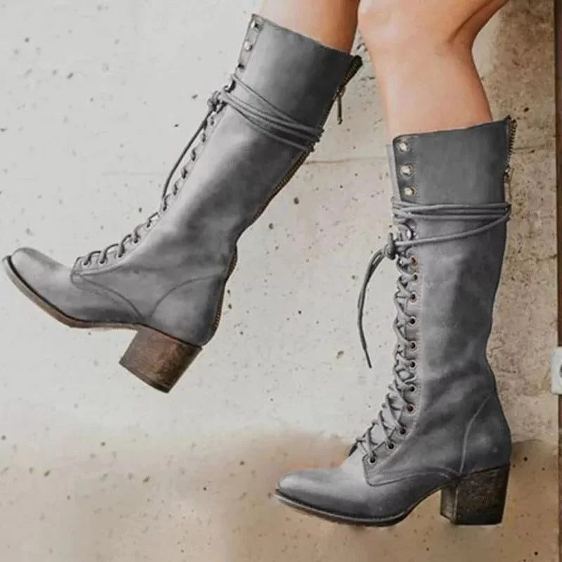 Women's lace-up knee high winter boots with block heel in Grey