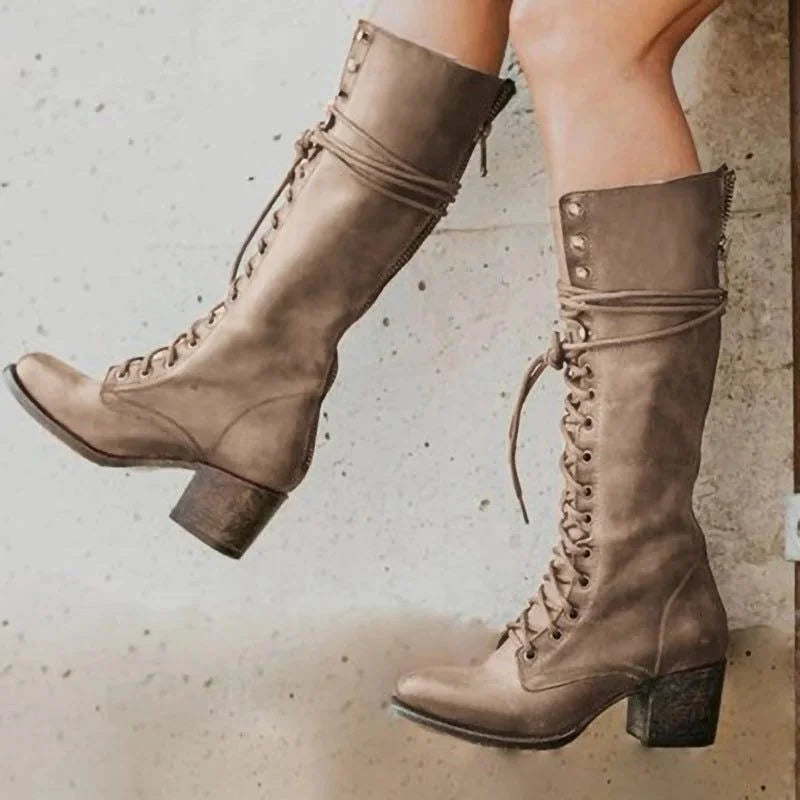 Women's lace-up knee high winter boots with block heel in Khaki