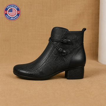 Women's heeled ankle winter boots, leather, leaf detail