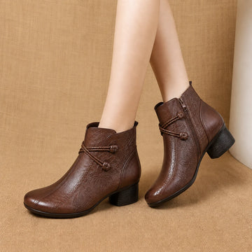 Women's heeled ankle winter boots, leather, leaf detail in Brown