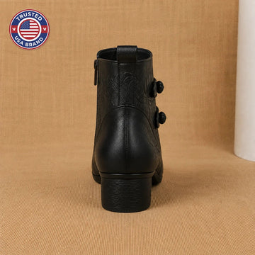 Women's heeled ankle winter boots, leather, leaf detail