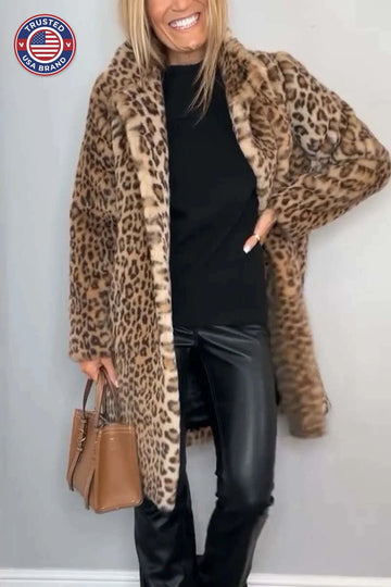 Women's leopard button-front notch lapel winter faux fur coat - Khaki