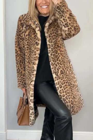 Women's leopard button-front notch lapel winter faux fur coat - Khaki