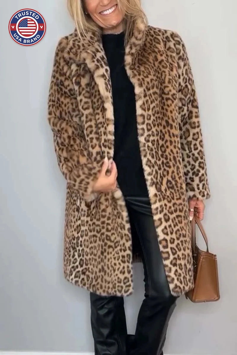 Women's leopard button-front notch lapel winter faux fur coat - Khaki