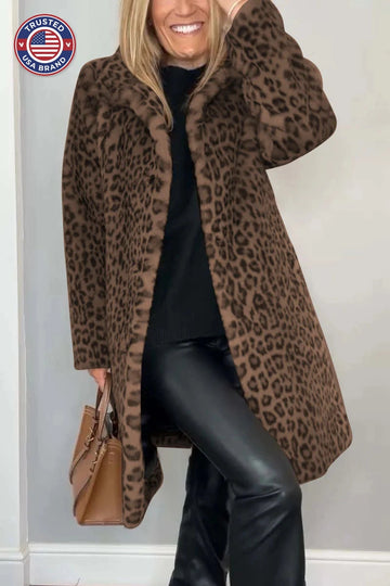 Women's leopard button-front notch lapel winter faux fur coat - Khaki
