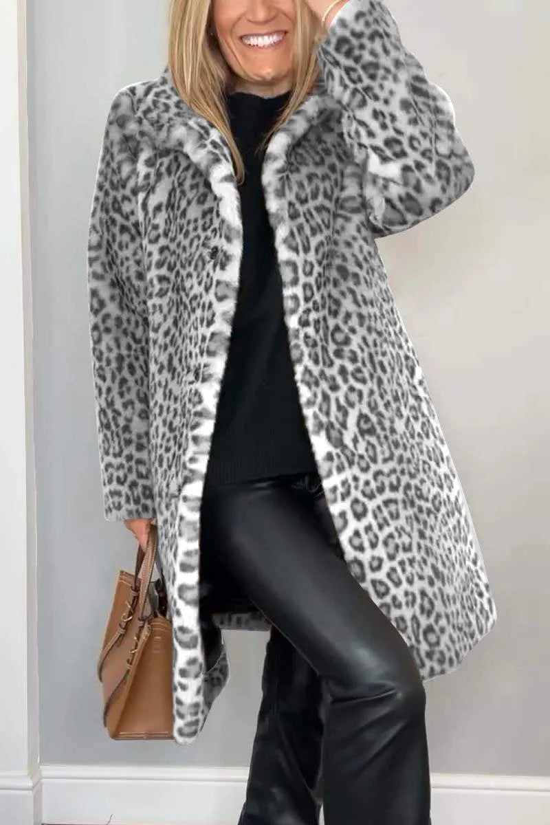 Women's leopard button-front notch lapel winter faux fur coat - Khaki