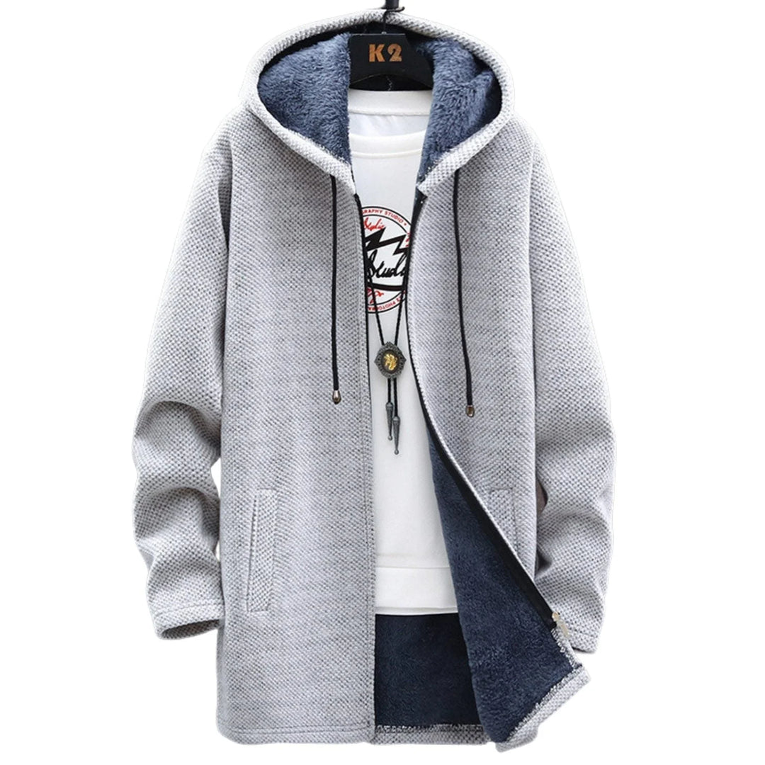 Women's knit zip-up hooded winter cardigan with sherpa lining - Light Grey