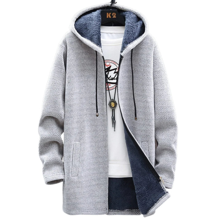 Women's knit zip-up hooded winter cardigan with sherpa lining - Light Grey