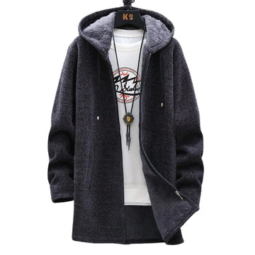 Women's knit zip-up hooded winter cardigan with sherpa lining - Light Grey