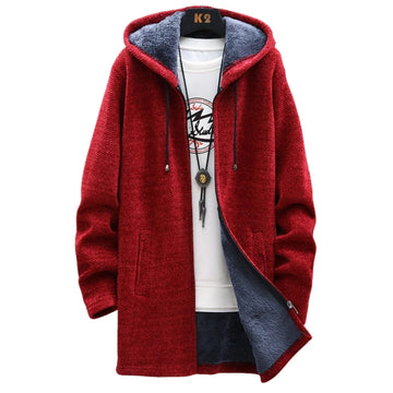 Women's knit zip-up hooded winter cardigan with sherpa lining - Light Grey