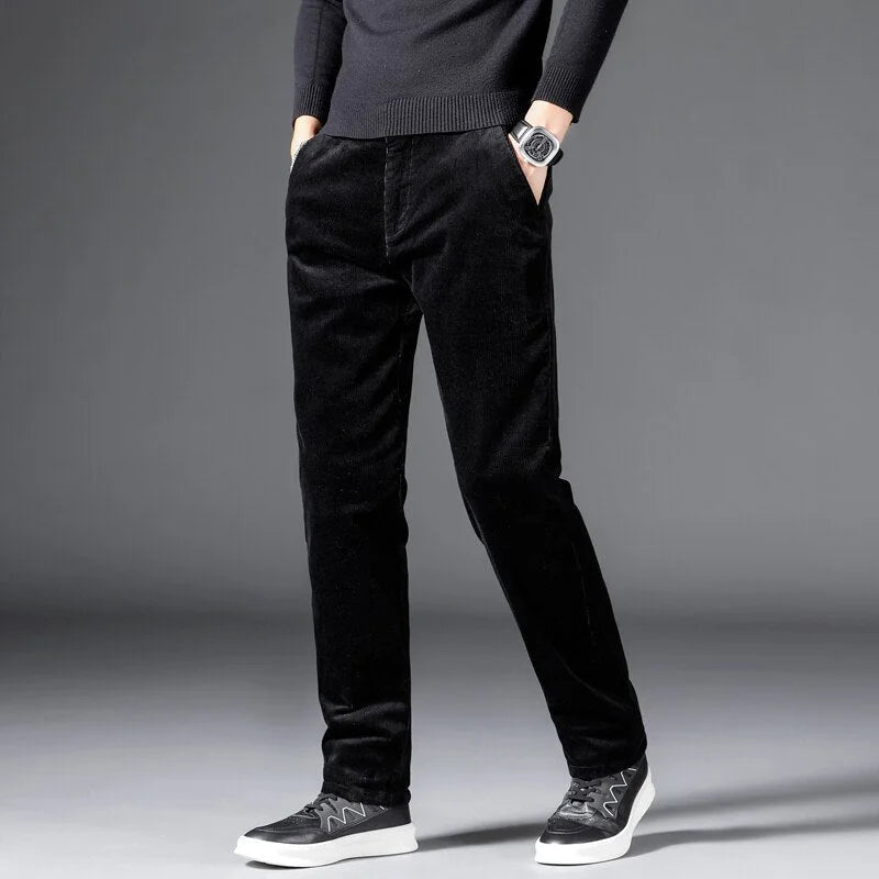 Women's corduroy zip-up winter straight leg pants - Black