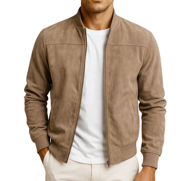 Women's suede zip-up stand collar winter bomber jacket - Brown