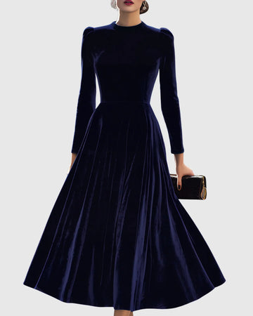 Women's velvet stand collar winter midi dress with puffed long sleeves