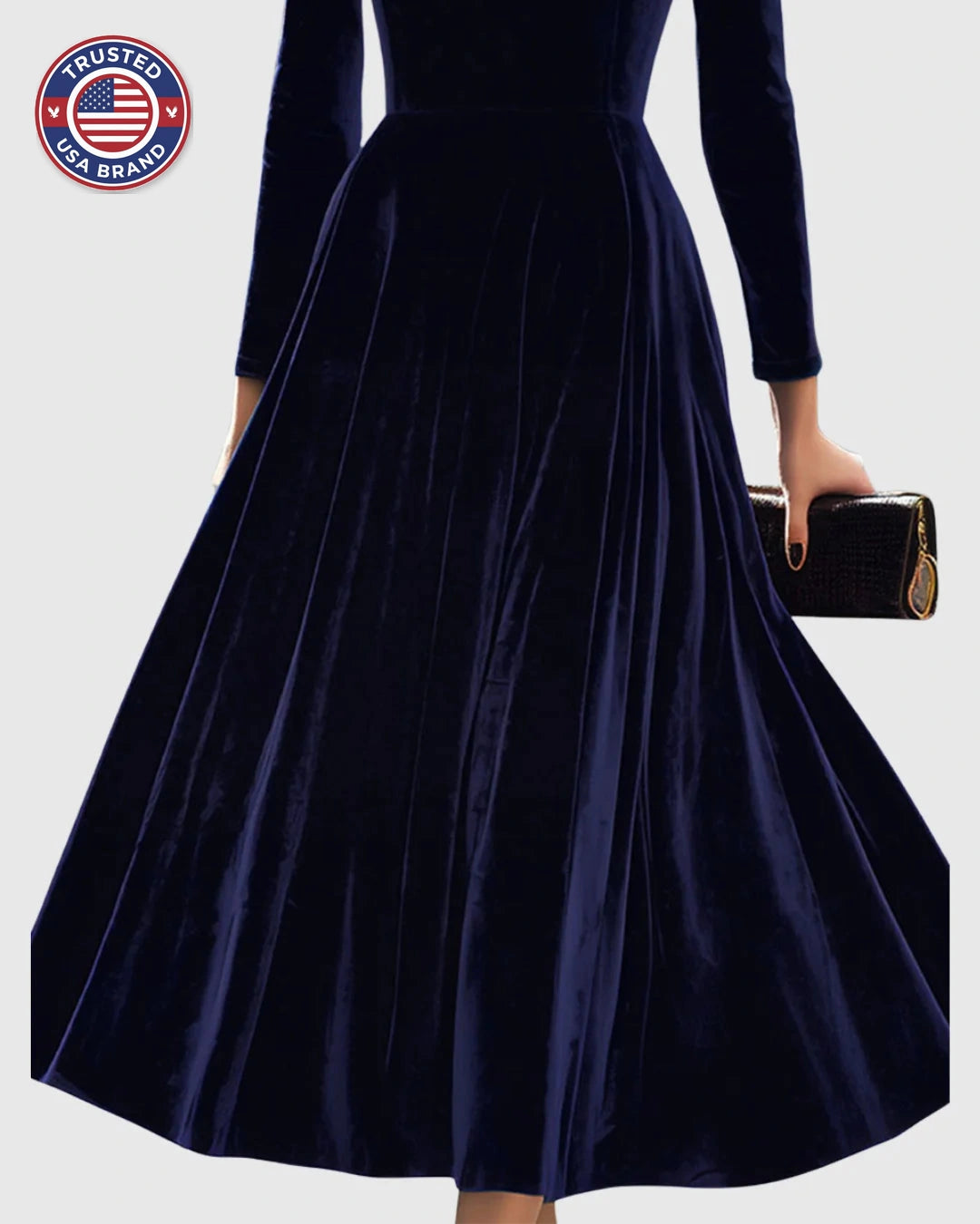 Women's velvet stand collar winter midi dress with puffed long sleeves