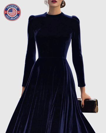 Women's velvet stand collar winter midi dress with puffed long sleeves