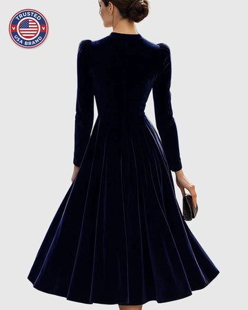 Women's velvet stand collar winter midi dress with puffed long sleeves