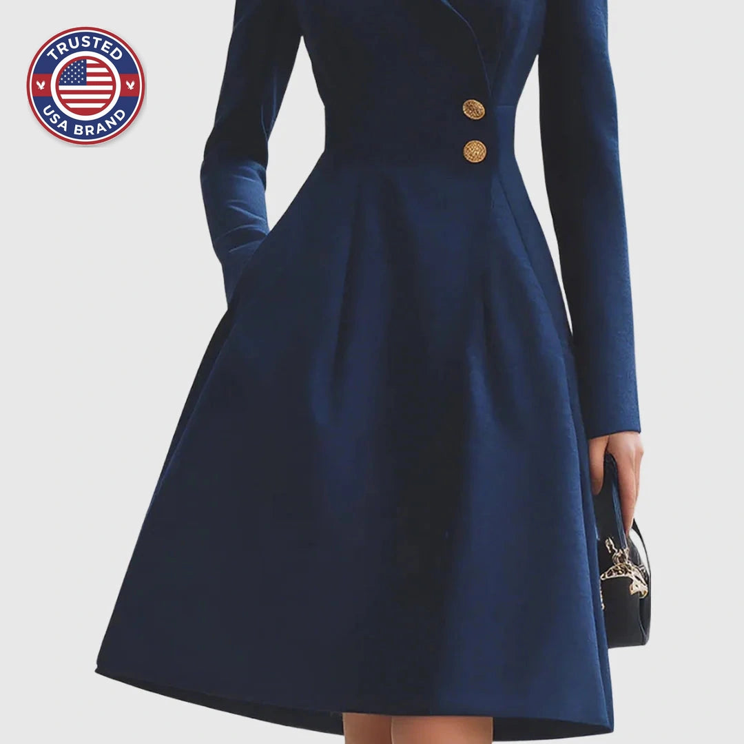Women's double-breasted stand collar knee winter midi dress with buttons - Navy Blue