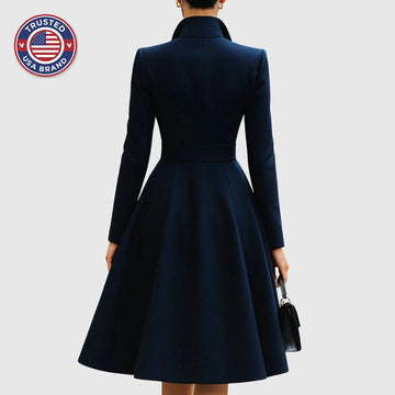 Women's double-breasted stand collar knee winter midi dress with buttons - Navy Blue