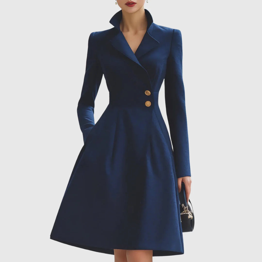 Women's double-breasted stand collar knee winter midi dress with buttons - Navy Blue