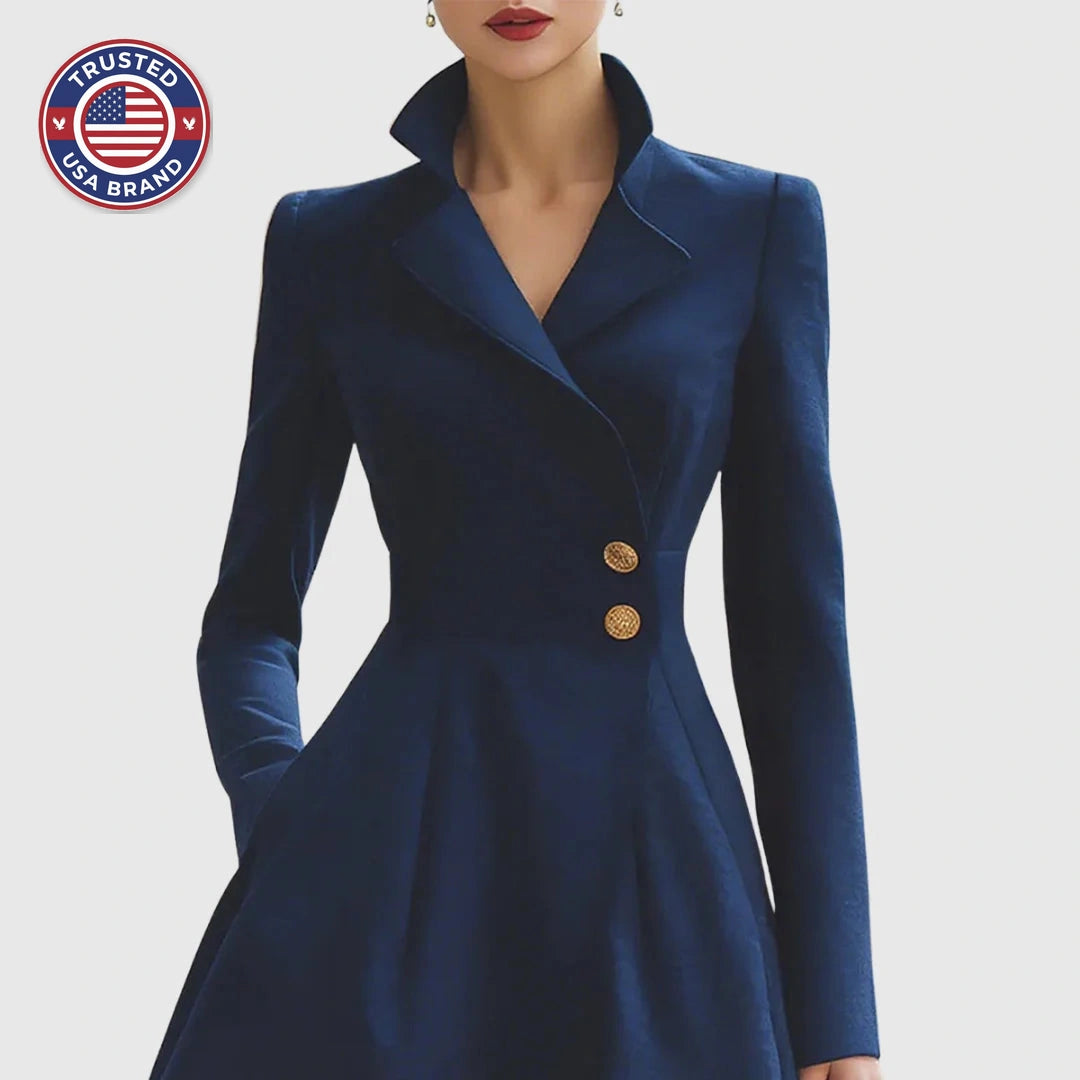 Women's double-breasted stand collar knee winter midi dress with buttons - Navy Blue