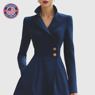 Women's double-breasted stand collar knee winter midi dress with buttons - Navy Blue