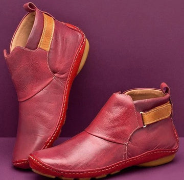 Women's faux leather orthopedic ankle winter boots with adjustable side strap - Red