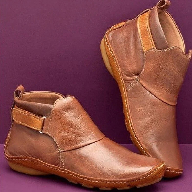 Women's faux leather orthopedic ankle winter boots with adjustable side strap - Red