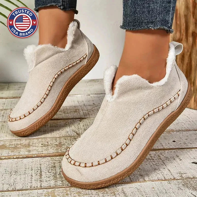 Women's suede orthopedic ankle winter boots with fluffy lining - Beige