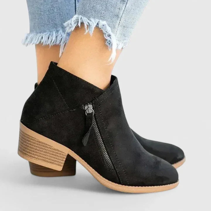 Women's suede side zip orthopedic ankle winter boots with block heel - Beige