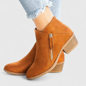 Women's suede side zip orthopedic ankle winter boots with block heel - Beige