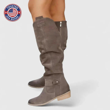 Women's suede side zip orthopedic knee high winter boots with buckle strap detail - Beige