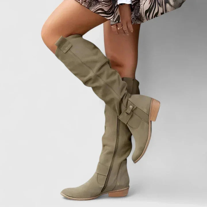 Women's suede side zip orthopedic knee high winter boots with buckle strap detail - Beige