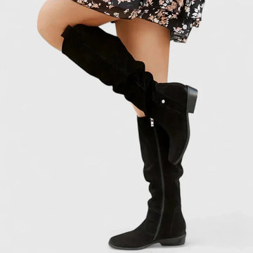 Women's suede side zip orthopedic knee high winter boots with buckle strap detail - Beige
