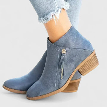 Women's suede side zip orthopedic ankle winter boots with block heel - Beige