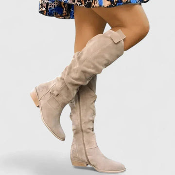 Women's suede side zip orthopedic knee high winter boots with buckle strap detail - Beige