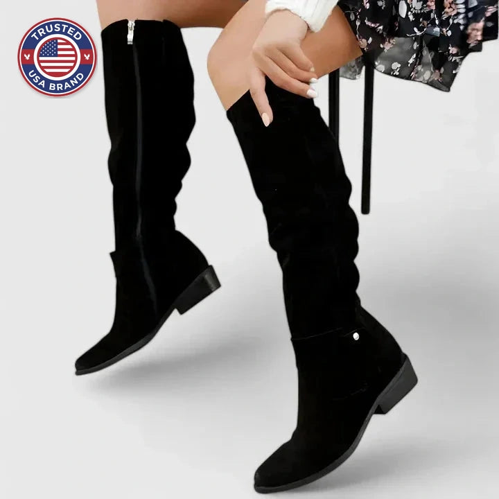 Women's suede side zip orthopedic knee high winter boots with buckle strap detail - Beige