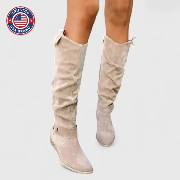 Women's suede side zip orthopedic knee high winter boots with buckle strap detail - Beige