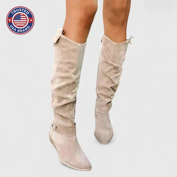 Women's suede side zip orthopedic knee high winter boots with buckle strap detail - Beige
