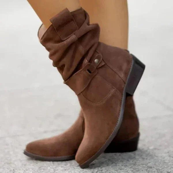 Women's suede side zip orthopedic ankle boots with slouchy shaft - Beige