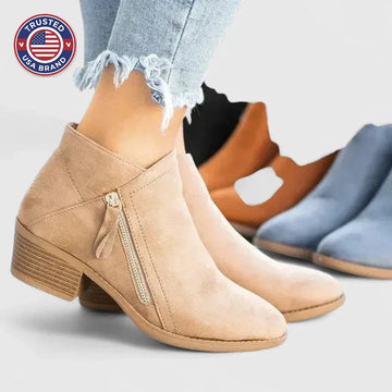 Women's suede side zip orthopedic ankle winter boots with block heel - Beige