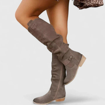 Women's suede side zip orthopedic knee high winter boots with buckle strap detail - Beige