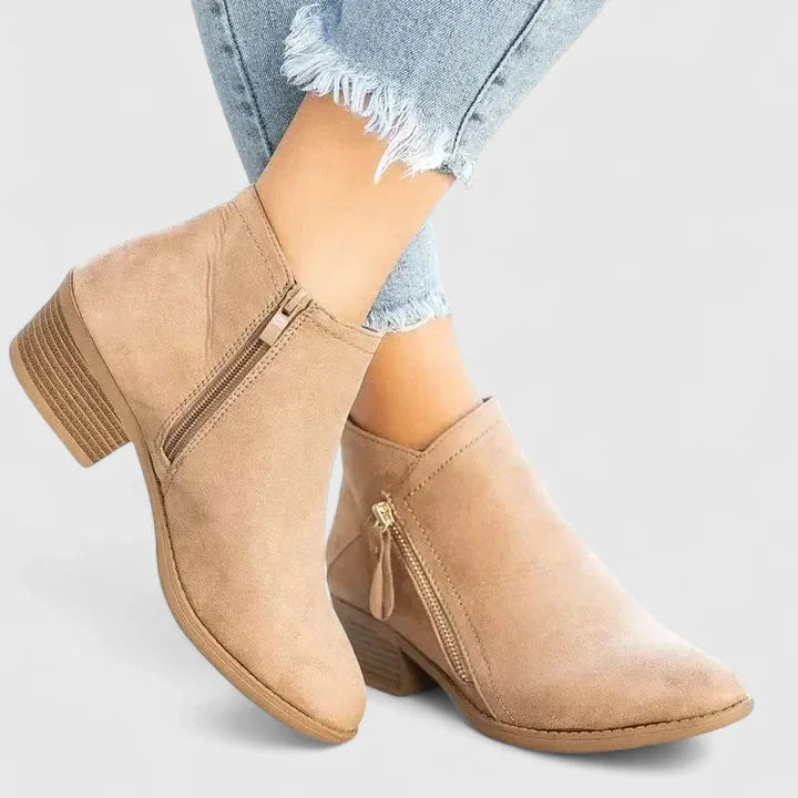 Women's suede side zip orthopedic ankle winter boots with block heel - Beige