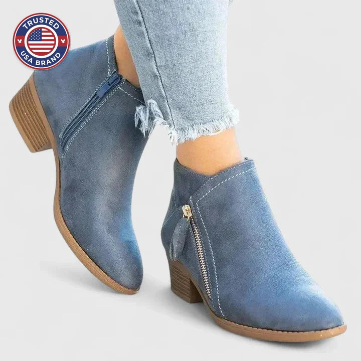 Women's suede side zip orthopedic ankle winter boots with block heel - Beige