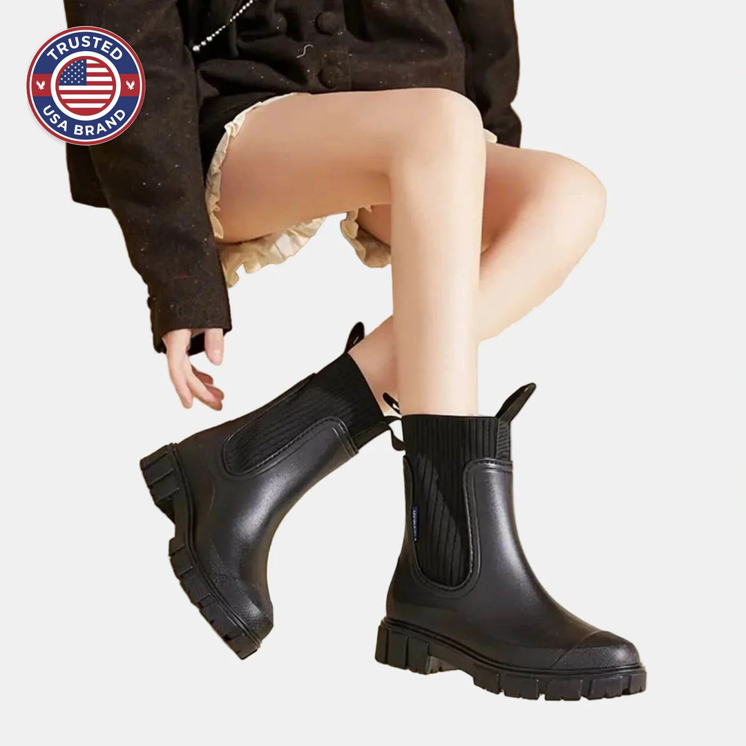 Women's orthopedic ankle winter boots with ribbed knit cuff - Black